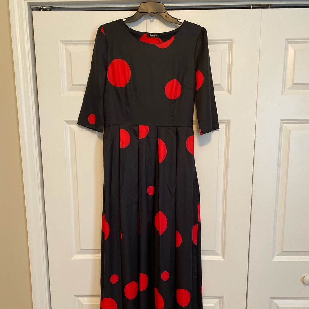 Black maxi dress with red polka dots